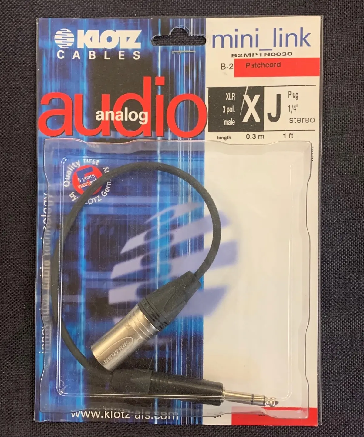 KLOTZ MINI LINK Câble Audio XLR F / Jack 6.35mm Stereo Longueur 30cm